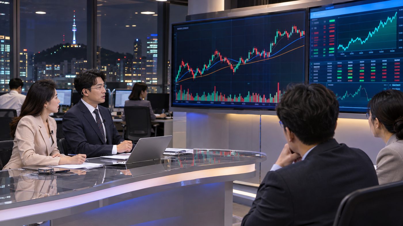 앤트로픽 IPO 신청 소식을 전하는 증권 시황 화면을 보는 사람들