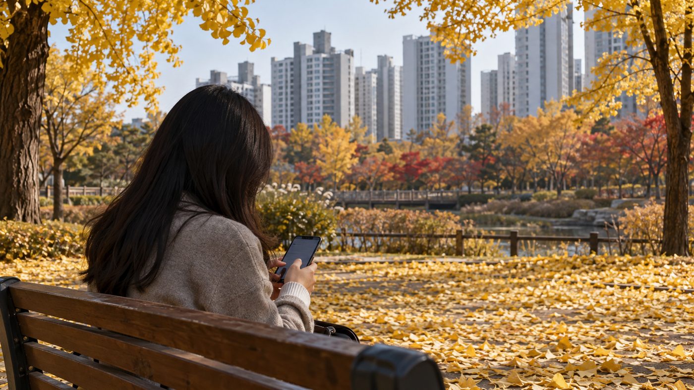 가을 공원 벤치에서 스마트폰으로 비밀번호를 바꾸는 모습