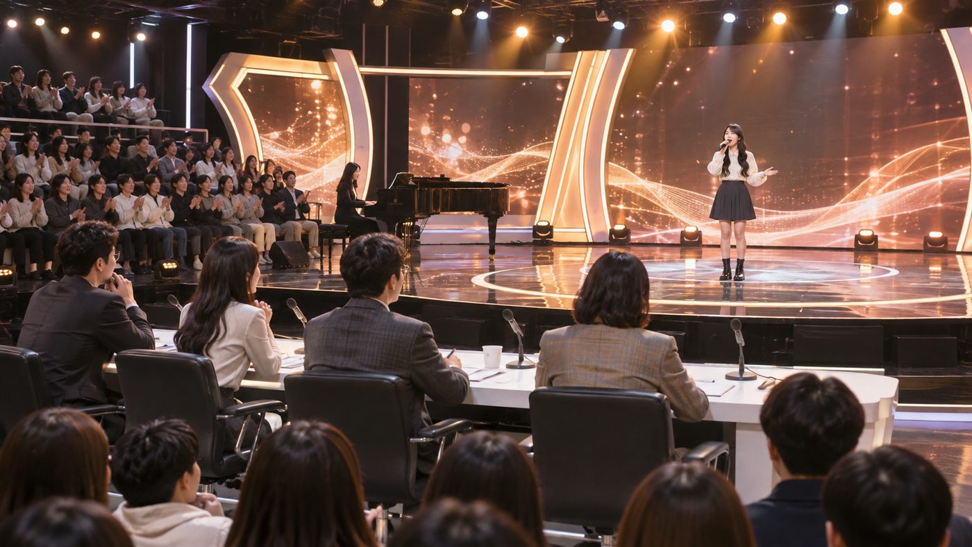 조명이 켜진 무대와 객석을 갖춘 발라드 오디션 스튜디오 전경