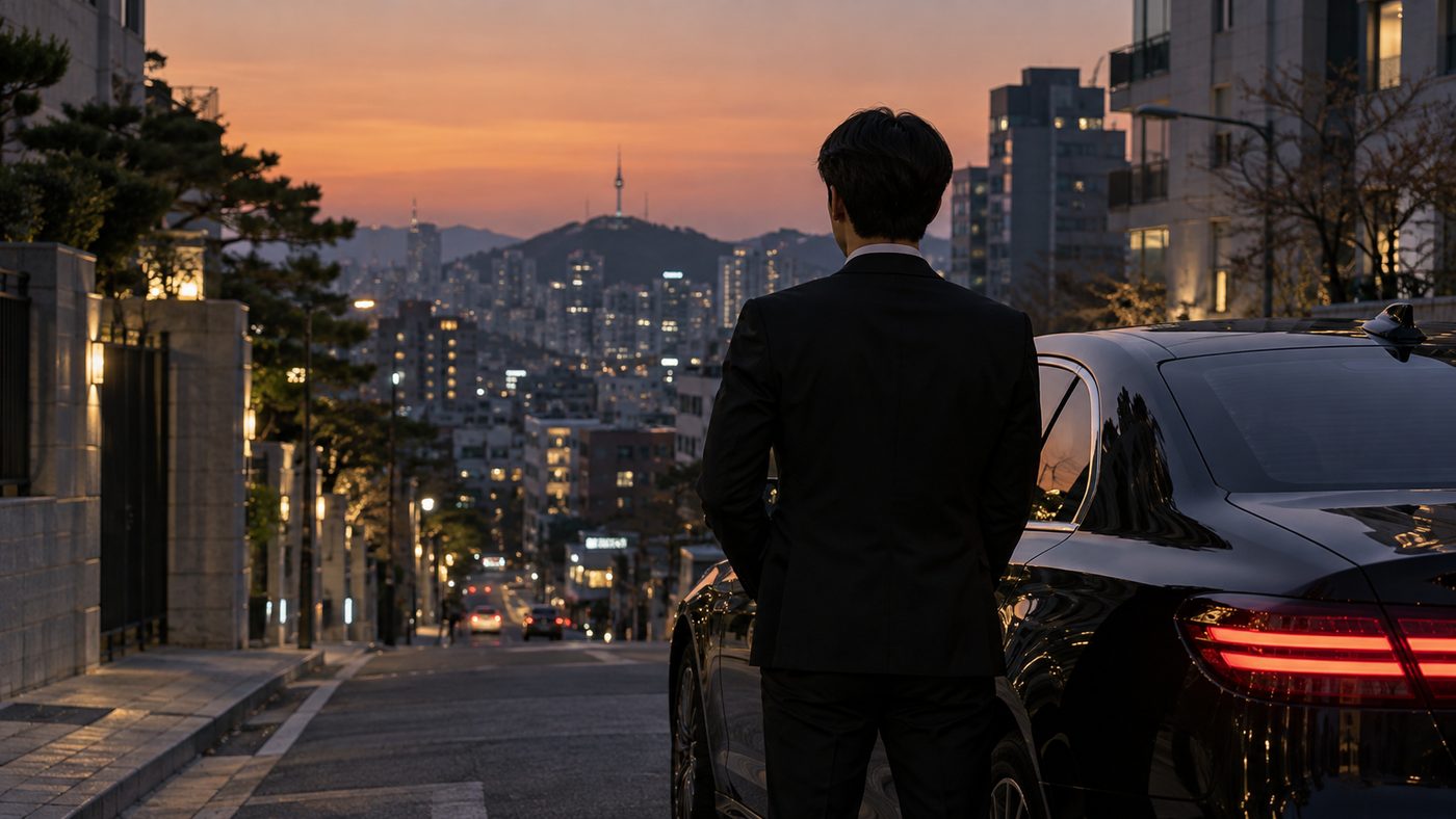 해 질 녘 서울 거리에서 검은 정장 차림으로 차 옆을 지키는 경호원의 뒷모습