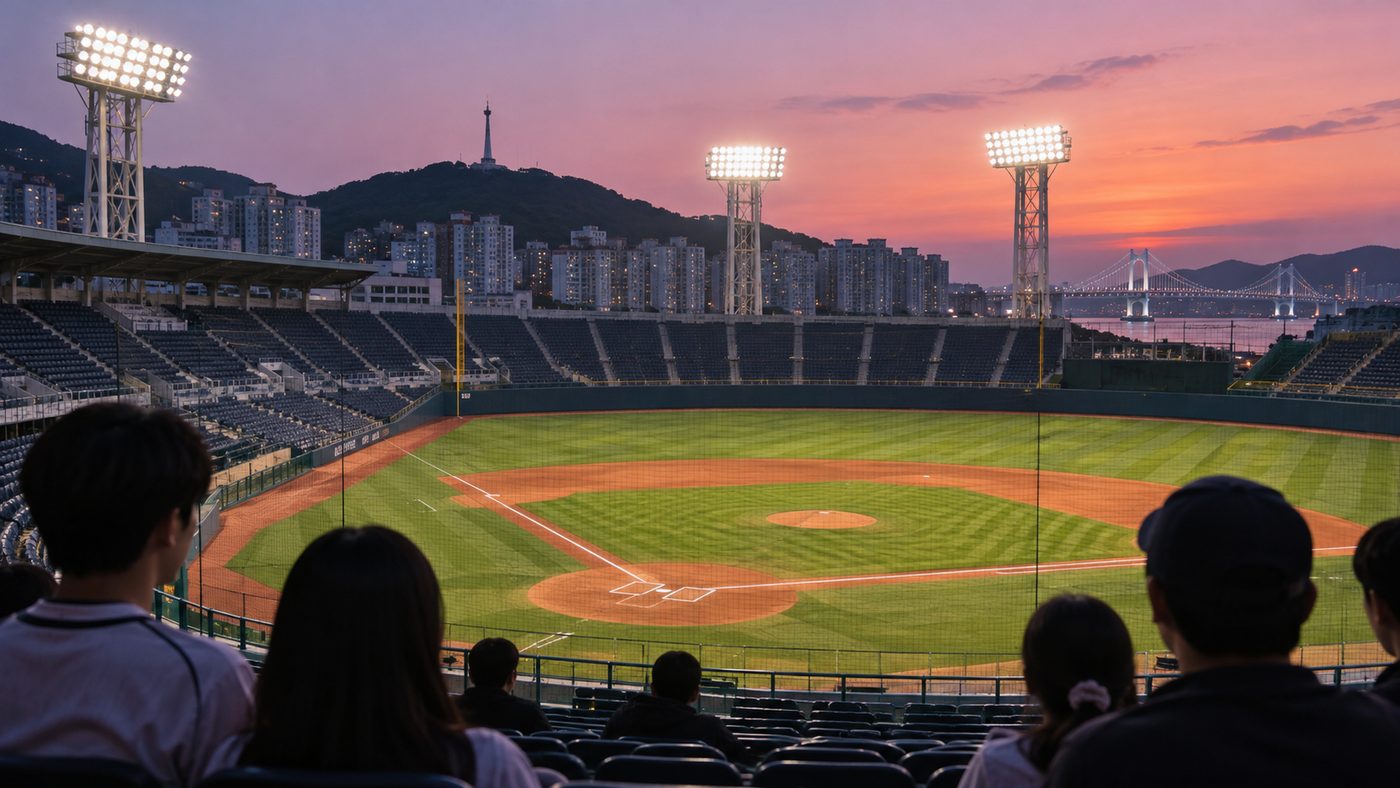 조명이 켜진 부산 야구장의 관중석과 그라운드 전경