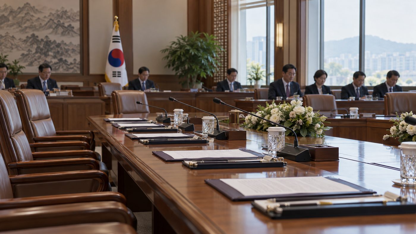 국무회의가 열리는 회의실의 긴 탁자와 의자가 놓인 모습