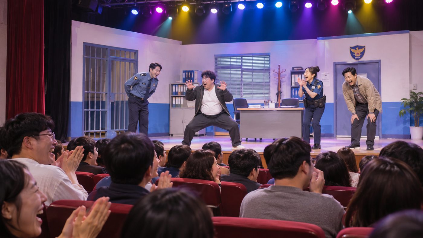 개그콘서트 녹화를 떠올리게 하는 조명 켜진 코미디 무대와 웃는 관객들