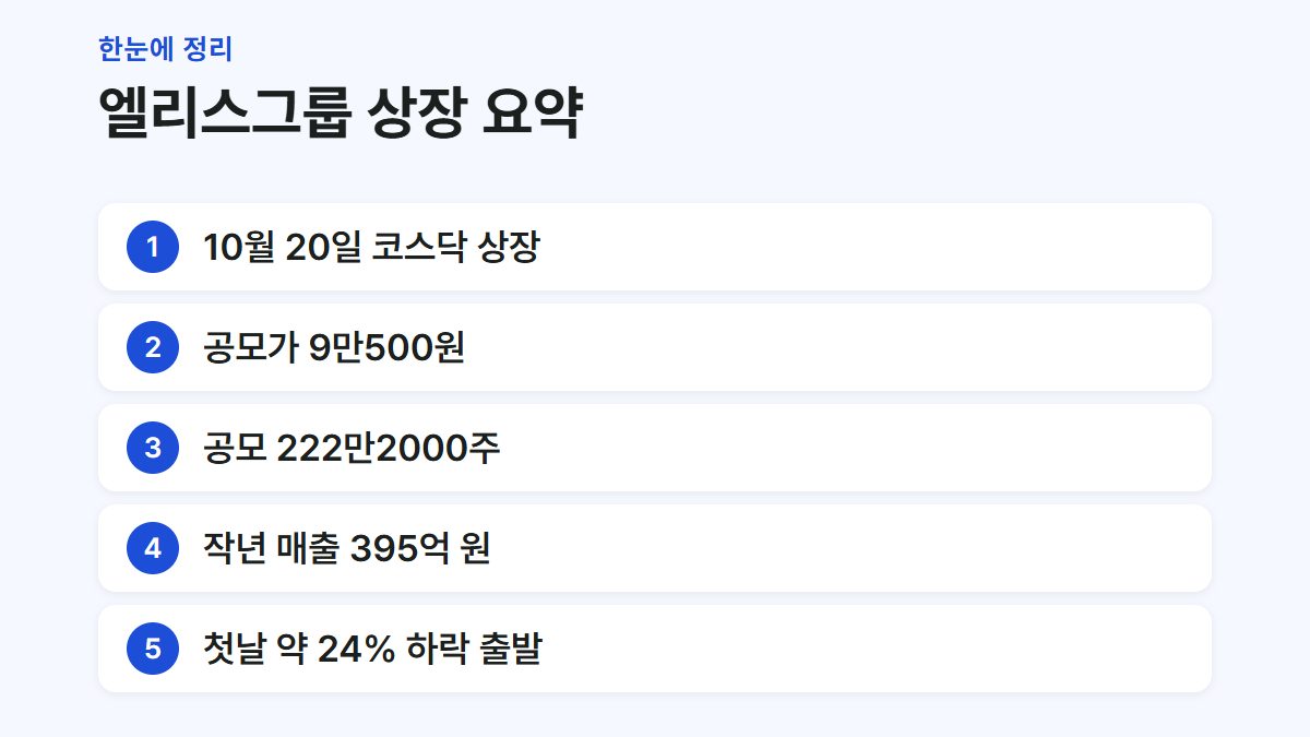 엘리스그룹 상장일과 공모가, 공모 규모, 실적을 정리한 요약 카드