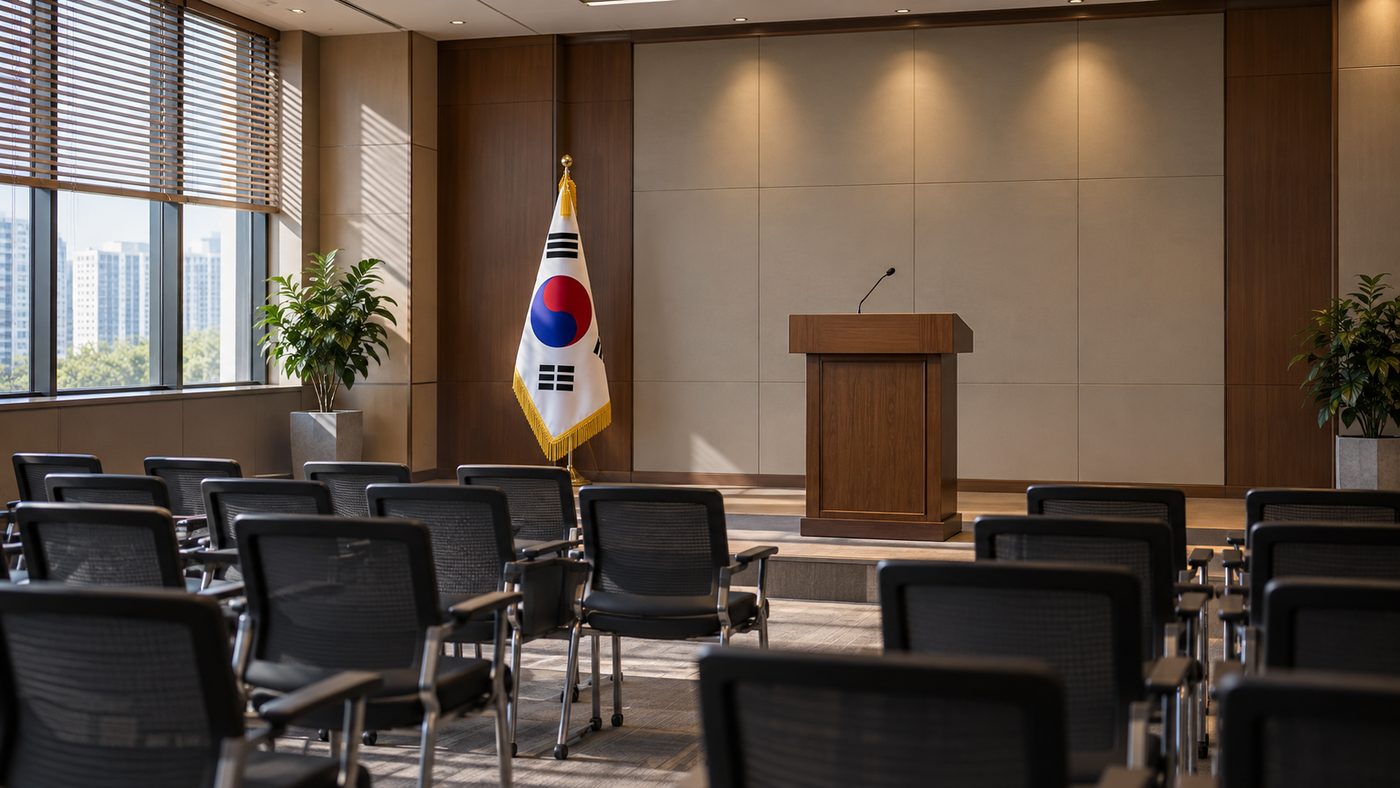 소속사 공식 입장 발표를 떠올리게 하는 조용한 기자회견장 연단