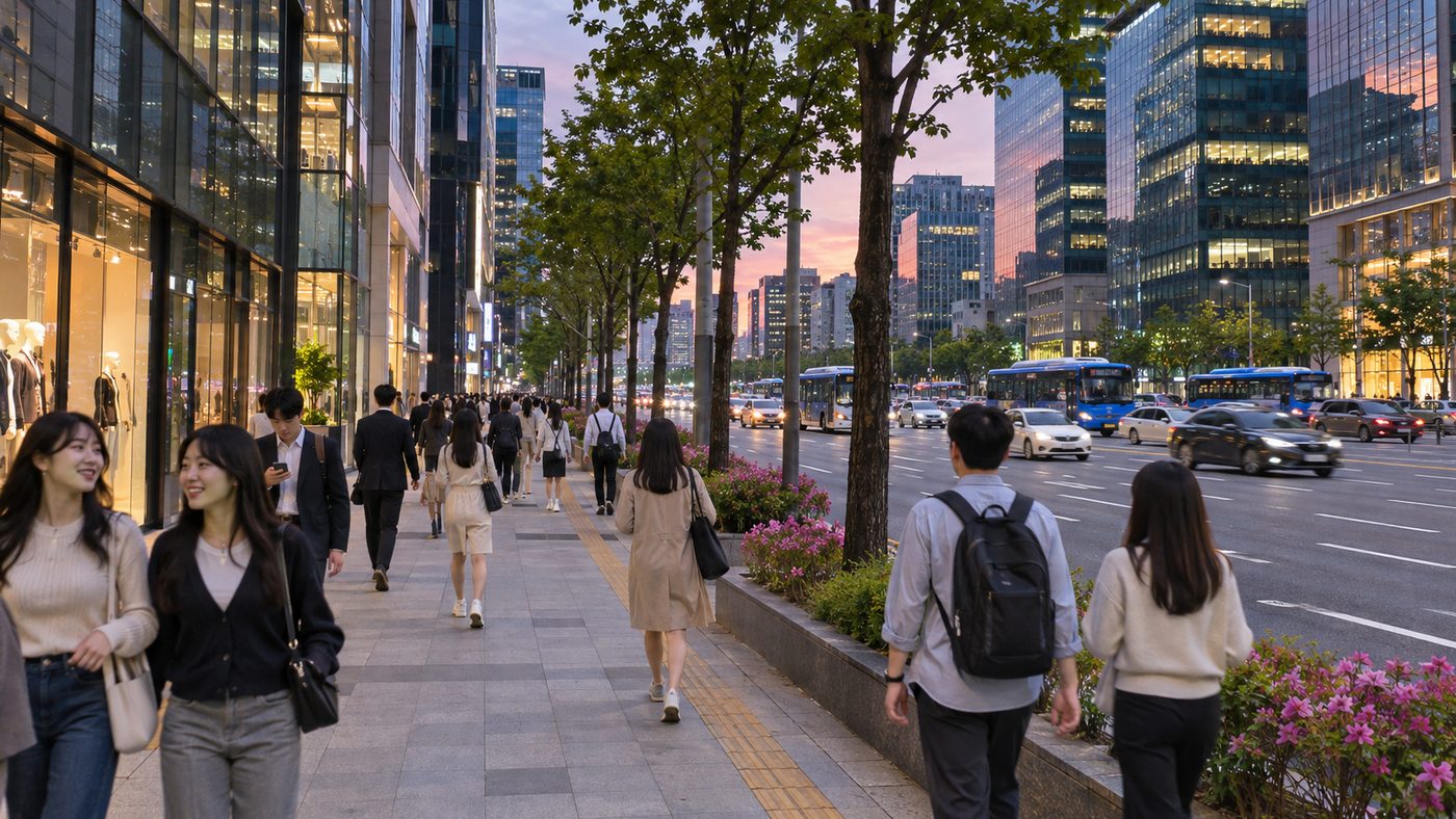 퇴근 시간 강남대로 보행로와 차로 풍경