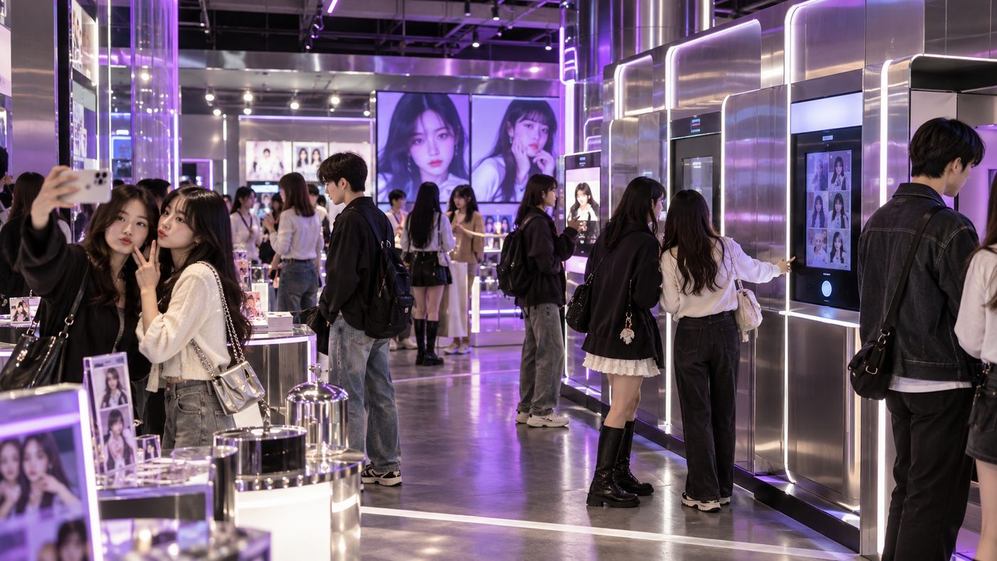 강남의 케이팝 팝업스토어를 둘러보는 젊은 관람객들