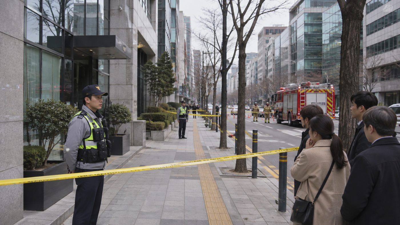역삼동 방화 사건이 난 강남 사무실 빌딩가와 멀리 선 소방차