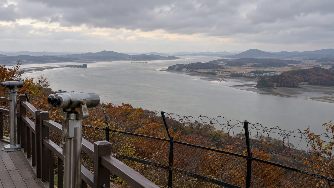 김포 애기봉 전망대에서 바라본 북한 쪽 강 건너 접경지역과 철책