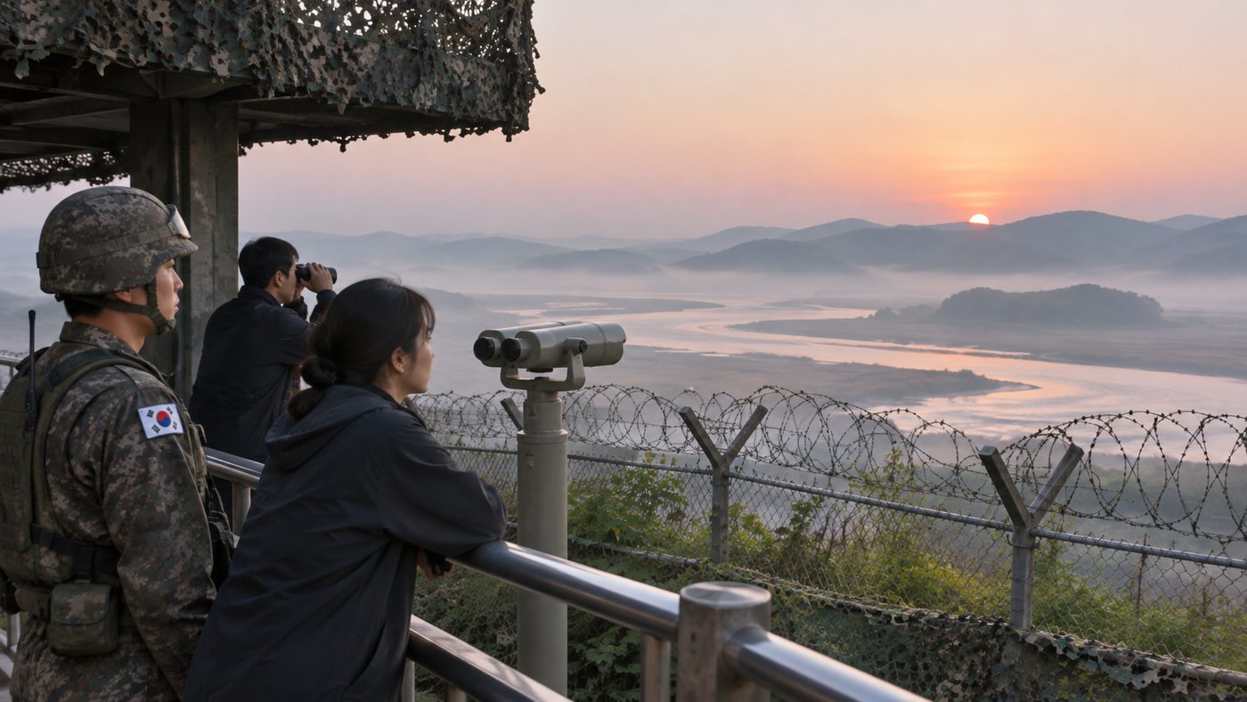 김포 애기봉 전망대에서 북한 접경 해안을 바라보는 장면