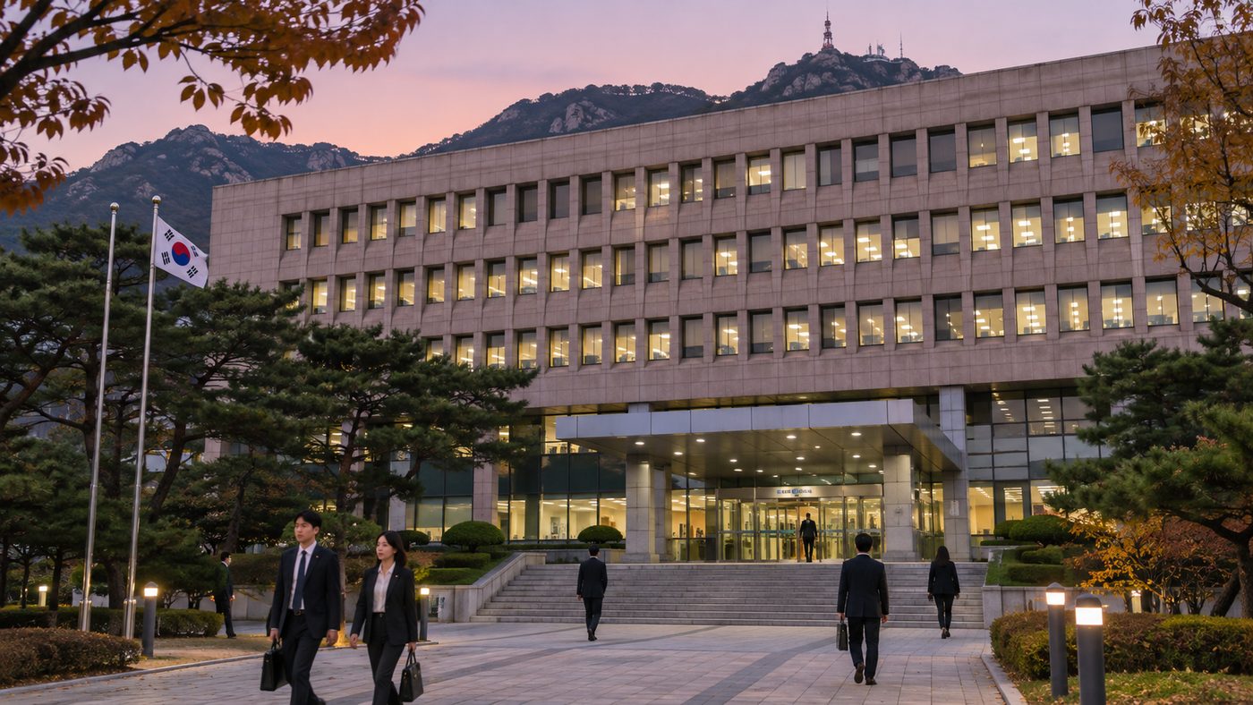 저녁 조명이 켜진 과천 정부청사 건물 앞을 지나는 사람들