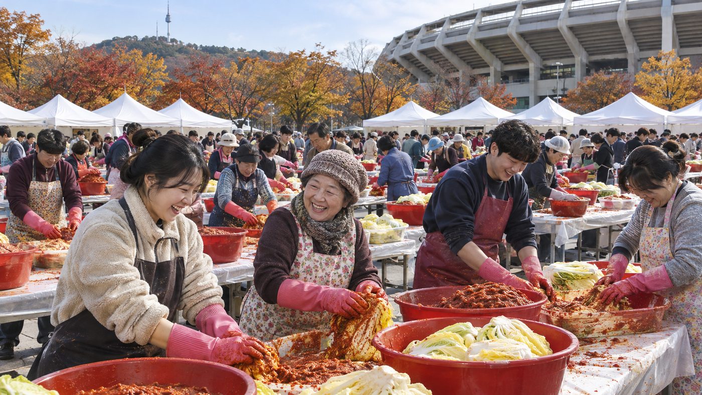 천막 아래 시민들이 절임배추에 양념을 버무리는 전주김장문화축제 김장 장면