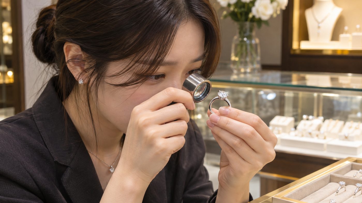 금은방에서 감정사가 결혼반지를 확대경으로 살펴보는 장면