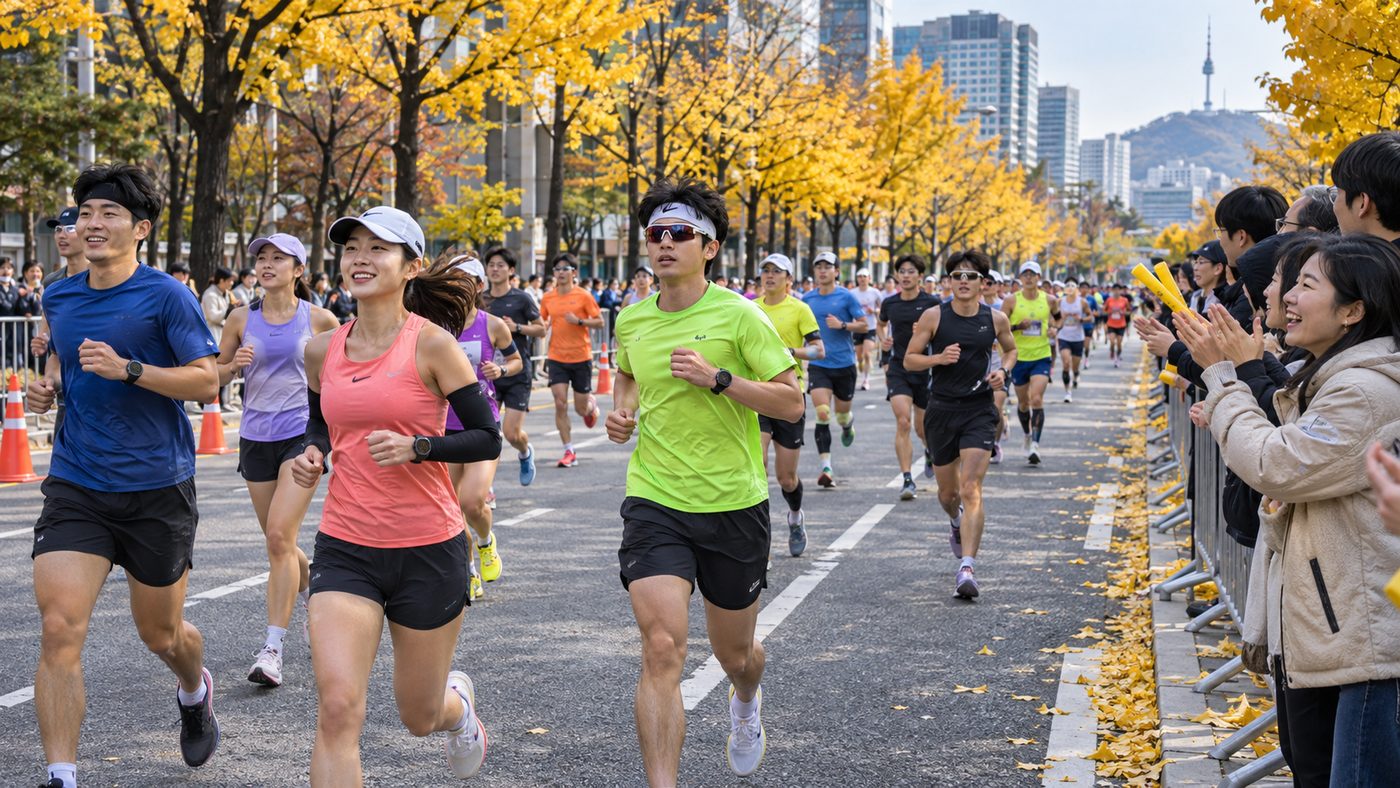황영조 하프마라톤 완주 화제 속 가을 도심 도로를 달리는 러너들