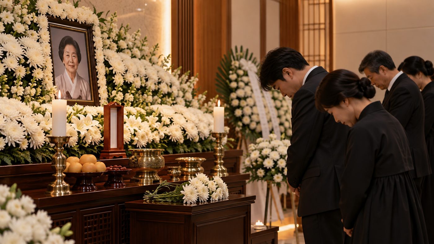 국화로 꾸민 빈소에서 조문객이 고인을 추모하는 장면