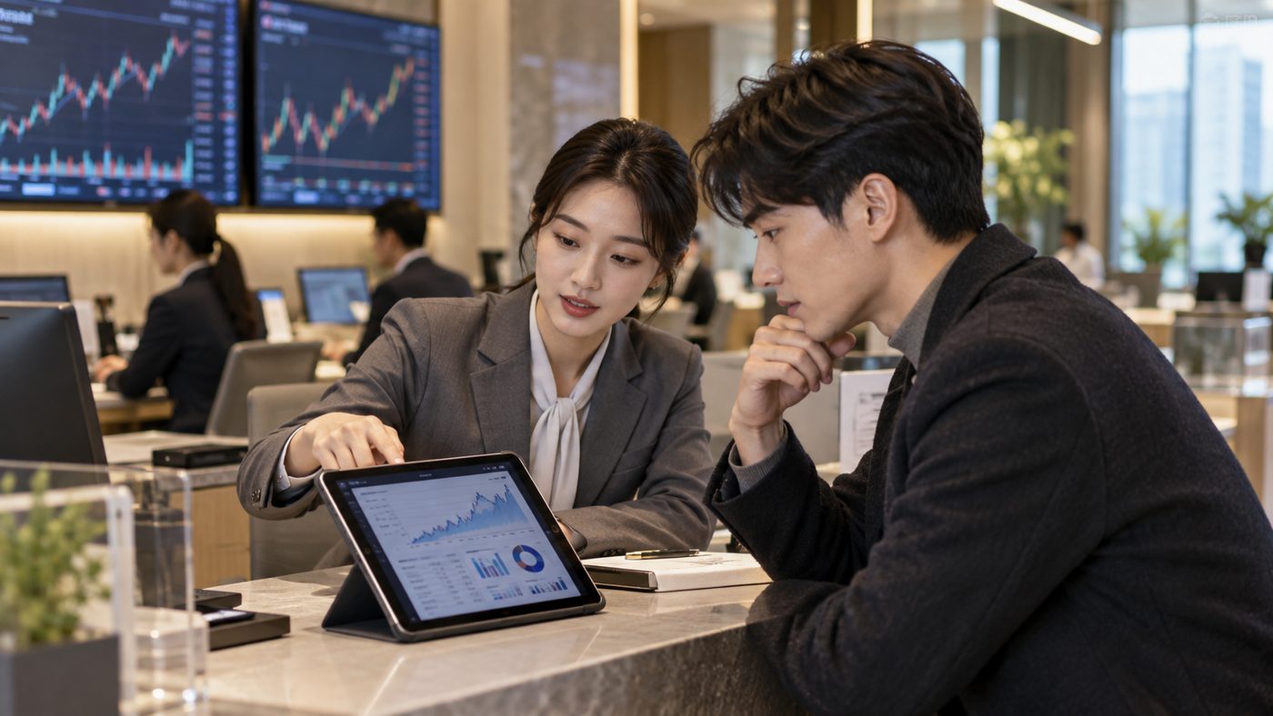 국민성장펀드 수익률 0.5% 운용보고서를 은행 창구에서 살펴보는 모습