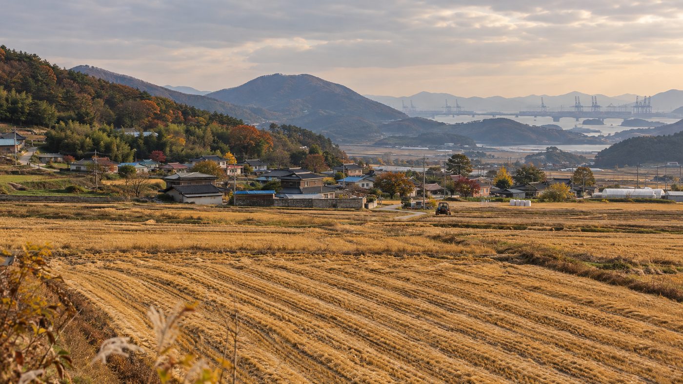 이 대통령 CPTPP 논의 속 가을 수확이 끝난 한국 농촌 들녘
