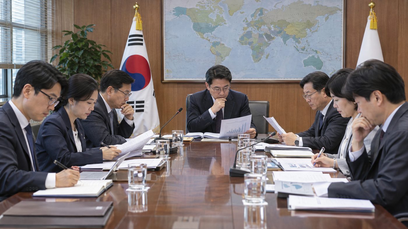 통상 협정 문서를 검토하는 한국 정부 회의실 풍경