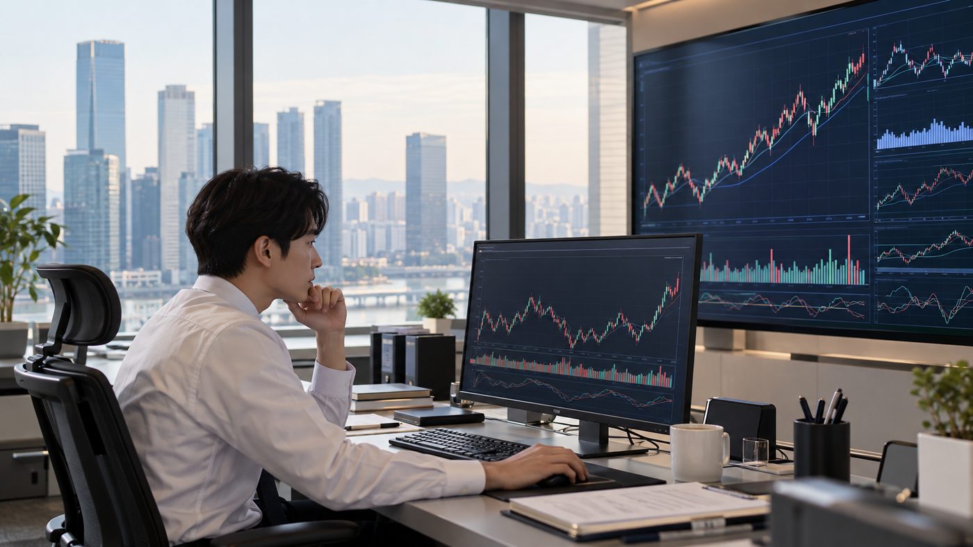 앤트로픽 IPO 소식을 확인하며 증시 차트를 보는 한국 여의도 사무실 장면