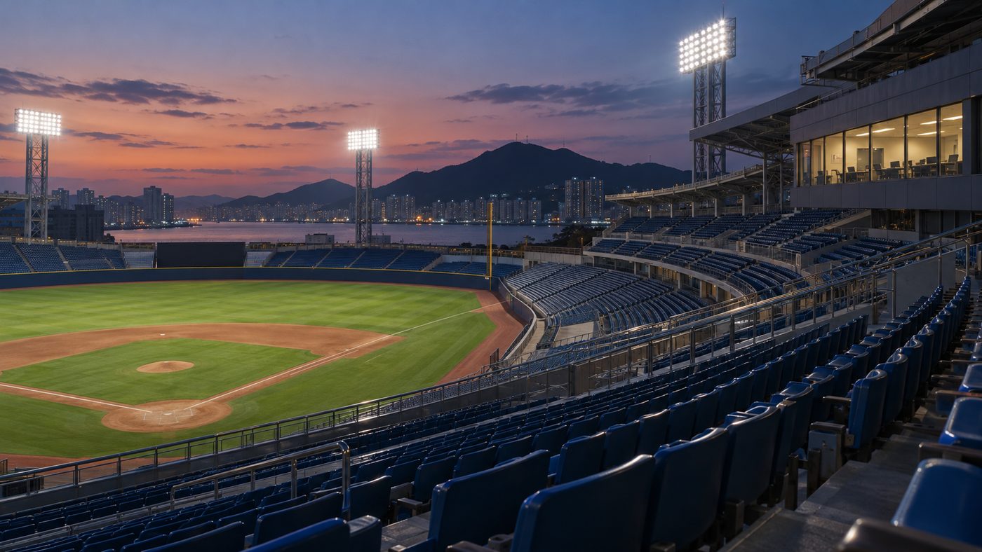 조명이 켜진 한국 야구장의 텅 빈 관중석 전경