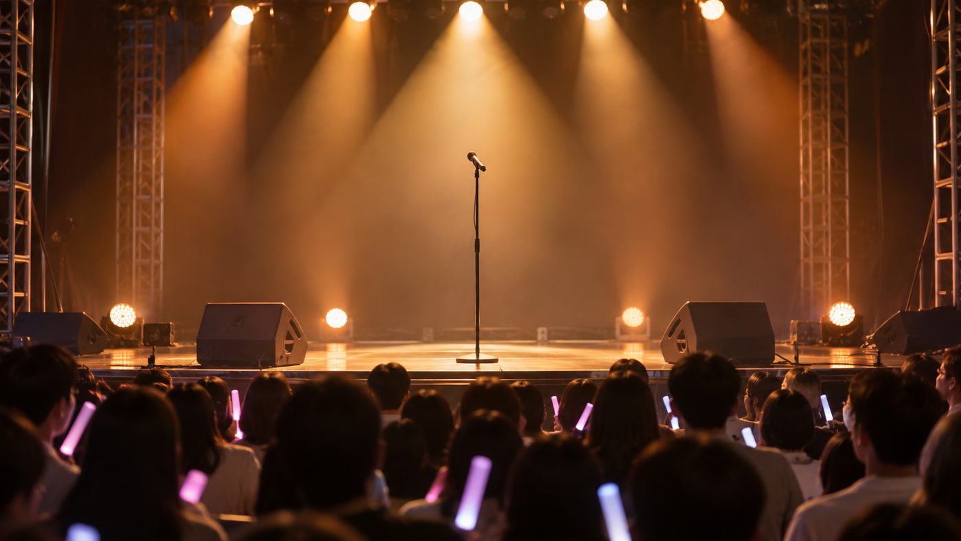 조명이 켜진 무대 위 마이크 스탠드와 관객석, 장민호 나이 관련 트로트 공연 장면
