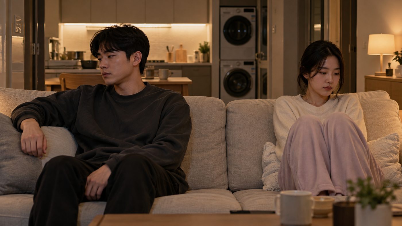 거실 소파에 거리를 두고 앉은 부부, 트루디 이대은 부부갈등을 보여주는 장면
