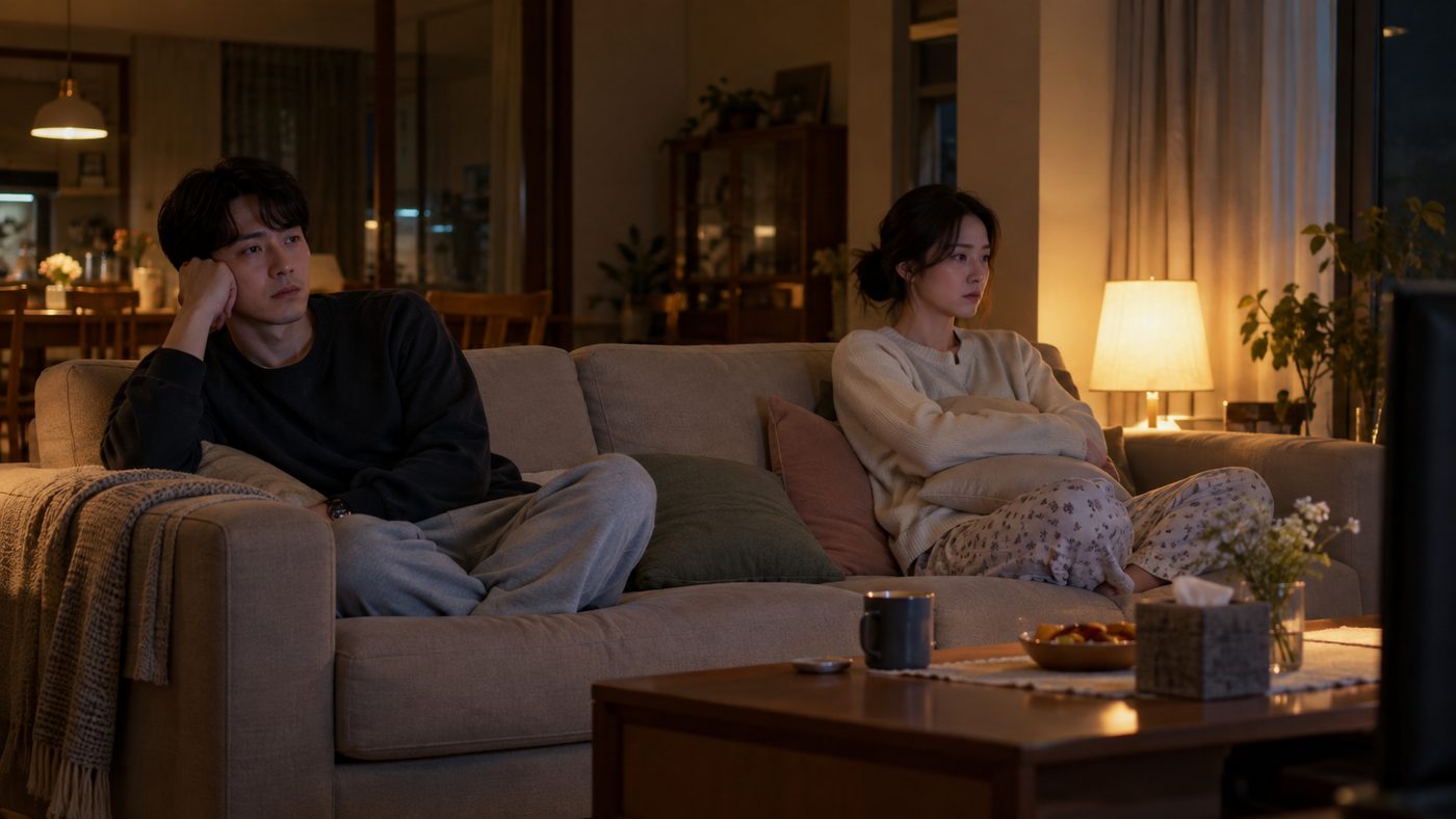 늦은 밤 거실 소파에 떨어져 앉은 부부와 켜진 텔레비전