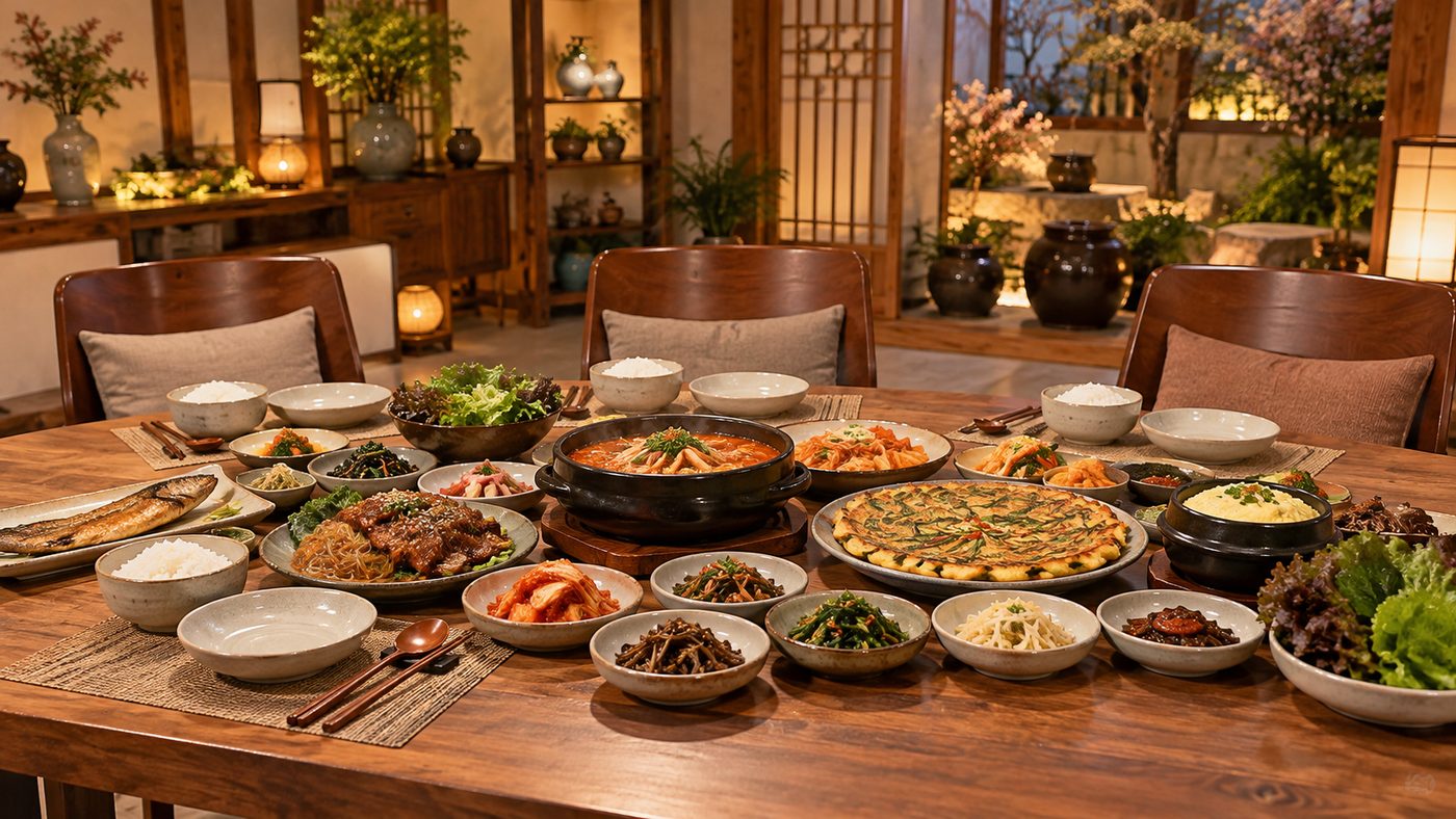 세 사람이 둘러앉을 수 있게 차린 한식 밥상과 조명이 켜진 촬영장