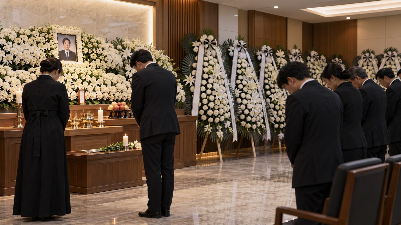 빈소에 국화가 놓이고 조문객이 고개 숙인 한국 장례식장 풍경