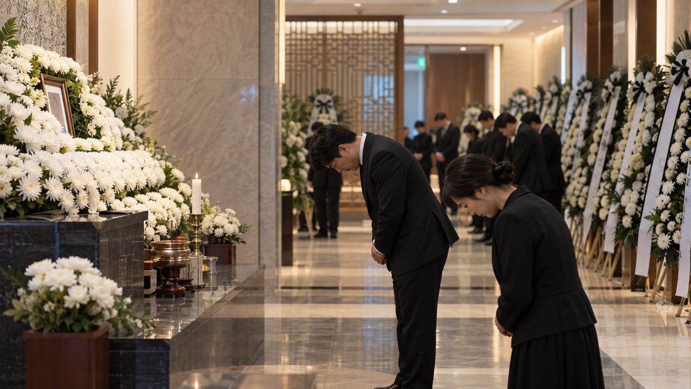 국화로 장식된 제단과 조화가 늘어선 장례식장에서 조문하는 사람들