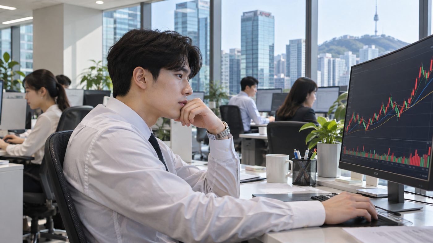 앤트로픽 IPO 소식을 모니터로 확인하는 한국 직장인의 모습