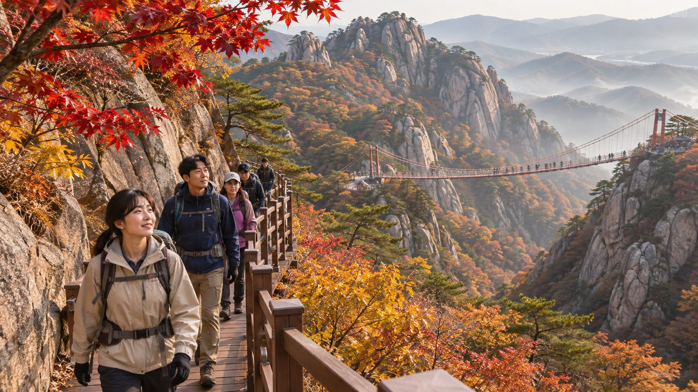 가을 단풍이 든 경기도 산악 계곡을 가로지르는 출렁다리와 등산객
