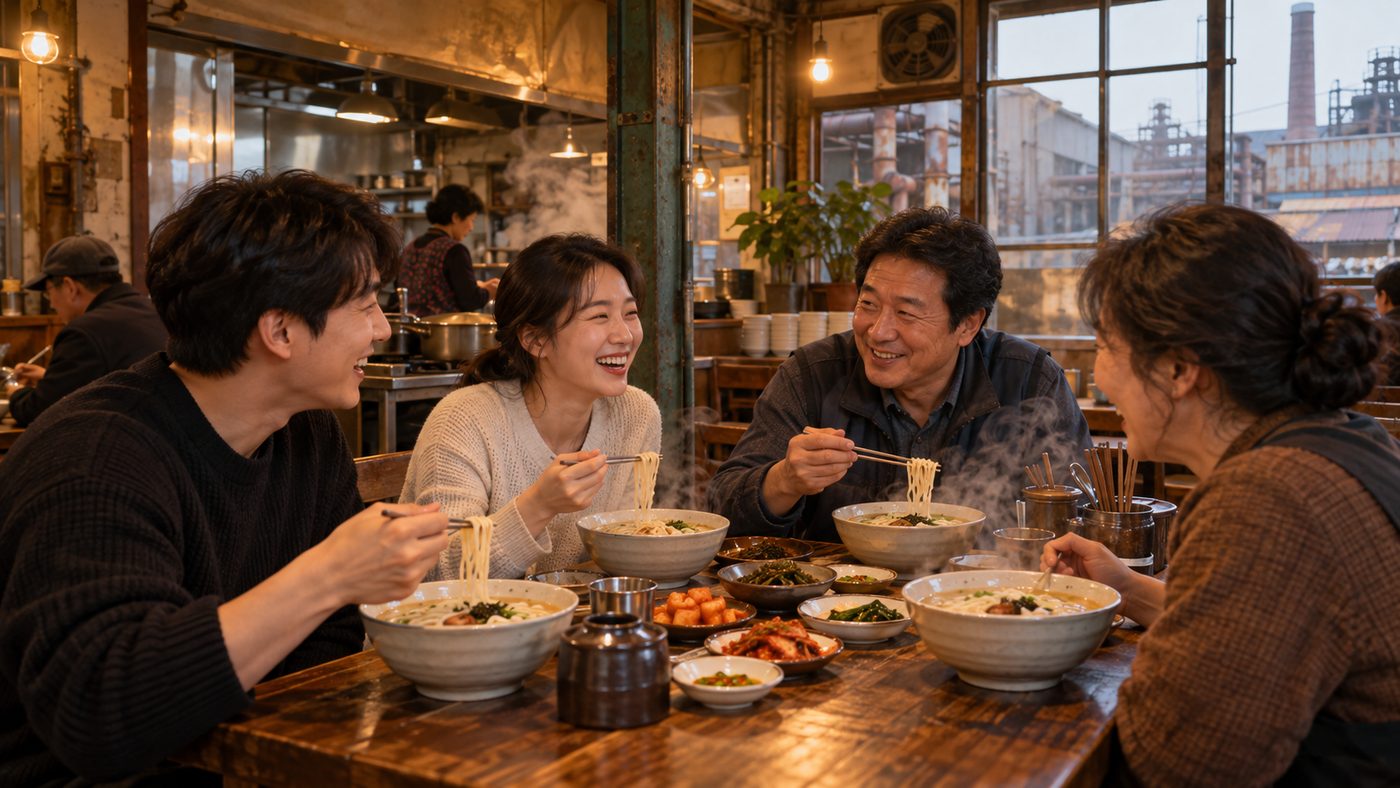 남겨서 뭐하게 첫 회동을 연상시키는 칼국수 한상 차림 식당 풍경
