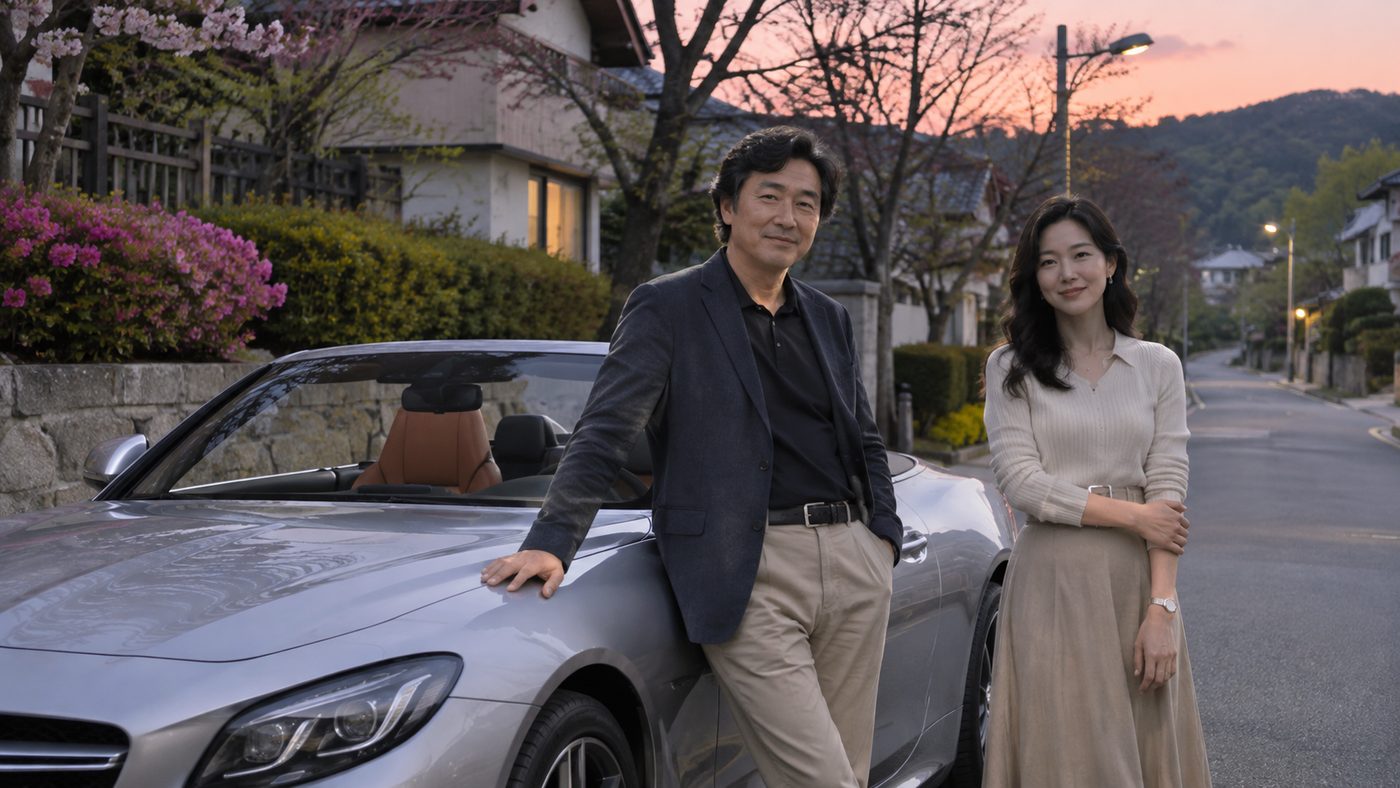 해 질 무렵 한적한 도로에 세워진 오픈카와 연수를 준비하는 모습