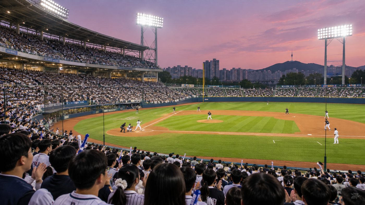 조명이 켜진 야구장 관중석에서 한국시리즈를 기다리는 한국 팬들