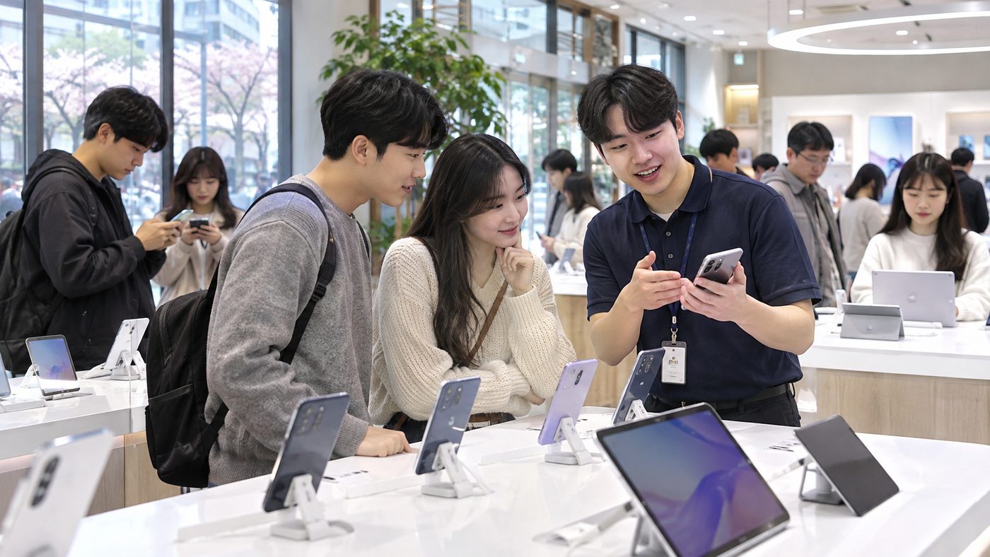 삼성전자 기만광고 논란 속 스마트폰 매장에서 제품을 살펴보는 소비자들