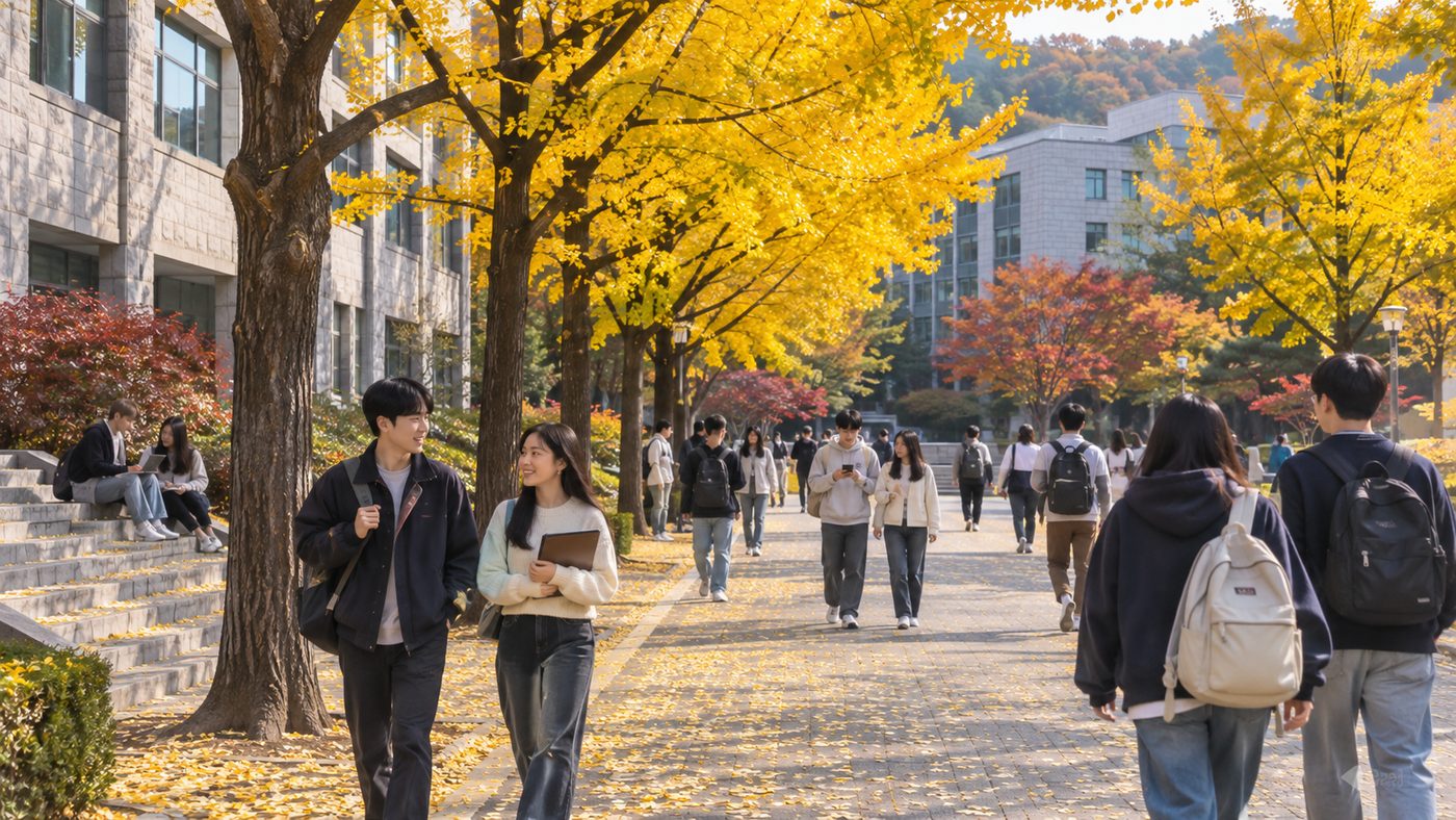 가을 한국 대학 캠퍼스를 걷는 학생들, 김똘똘 학력 관련 이미지