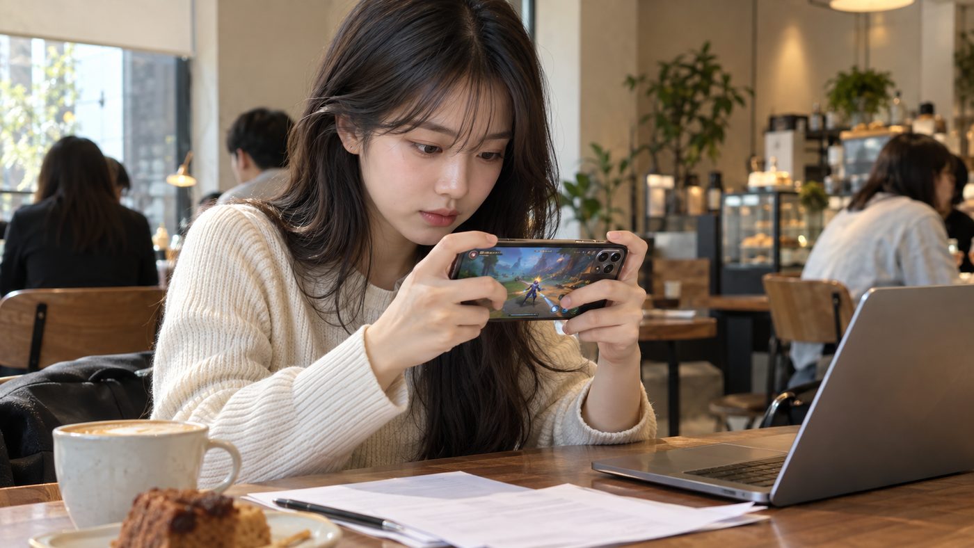 스마트폰으로 모바일 게임을 하는 한국 이용자, 삼성전자 GOS 과징금 이슈를 상징하는 장면