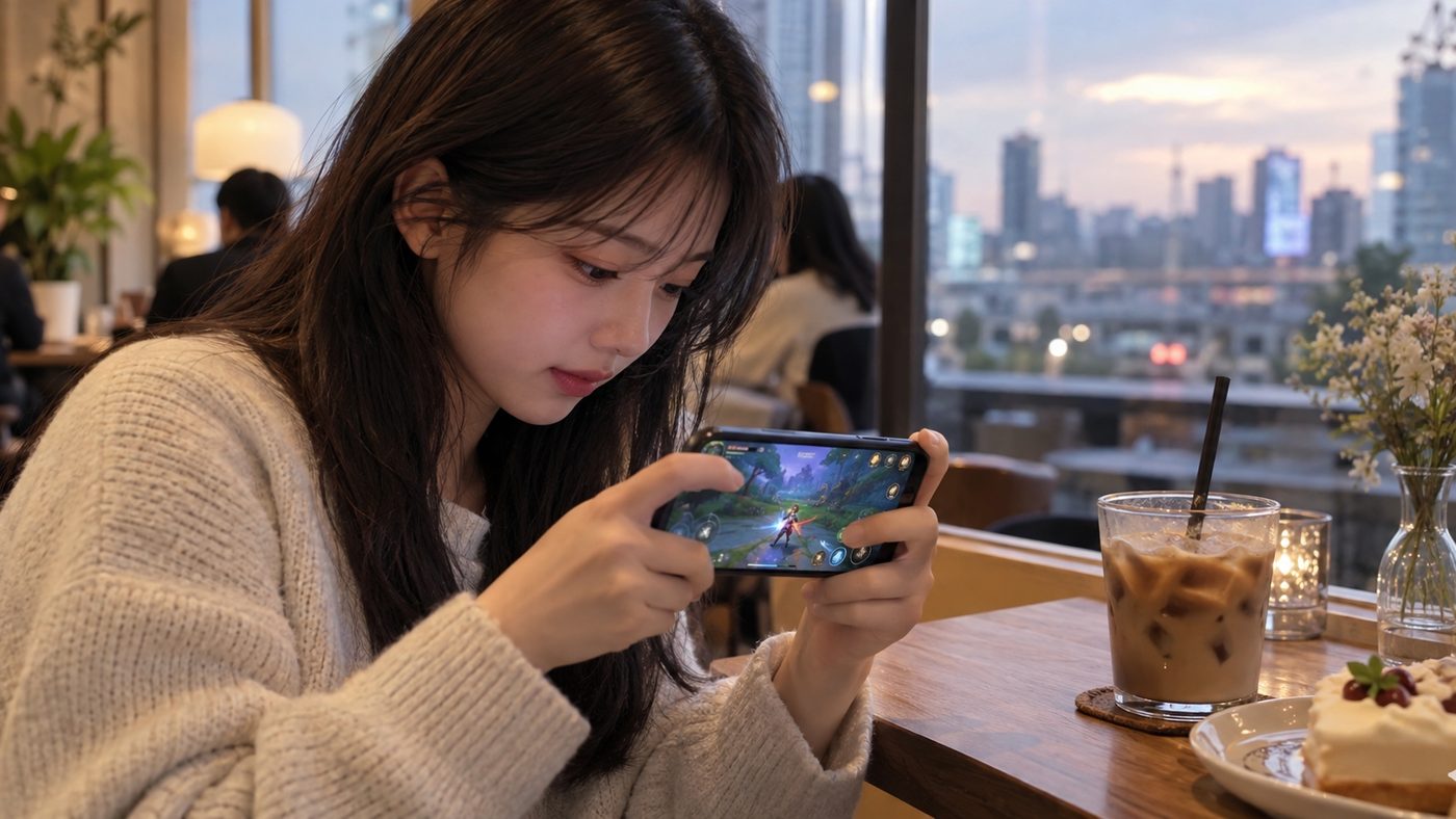 카페에서 스마트폰으로 모바일 게임을 즐기는 한국 이용자 모습