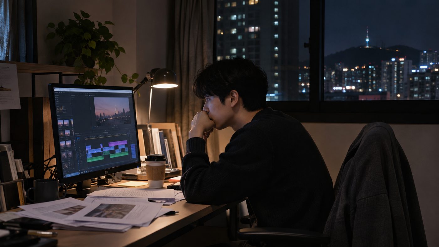 늦은 밤 불 켜진 사무실 책상 위 영상 편집 화면과 서류