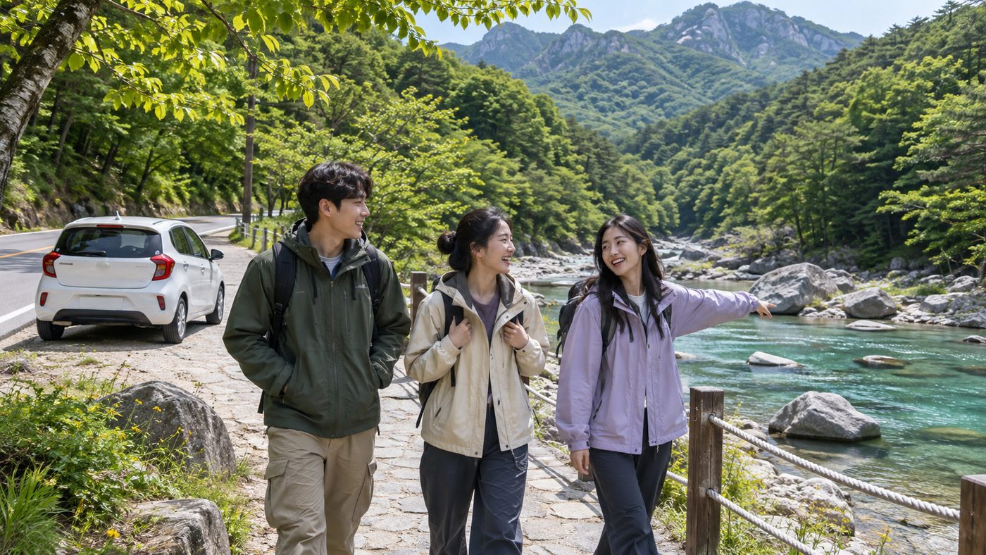 디스이즈 현무로드처럼 맑은 강가 산길을 걷는 여행자들 풍경
