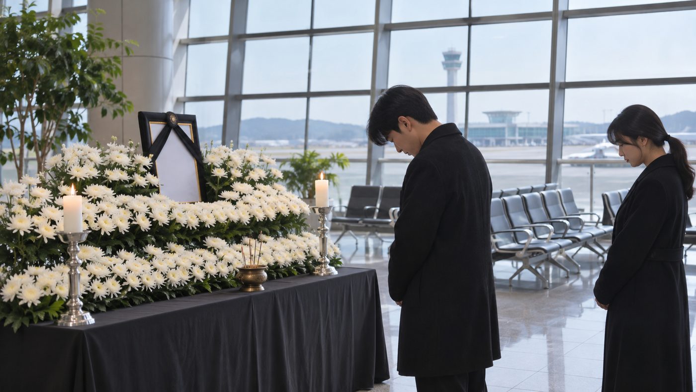 홍지선 유가족 위로가 있었던 무안공항 분향소처럼 흰 국화가 놓인 추모 공간