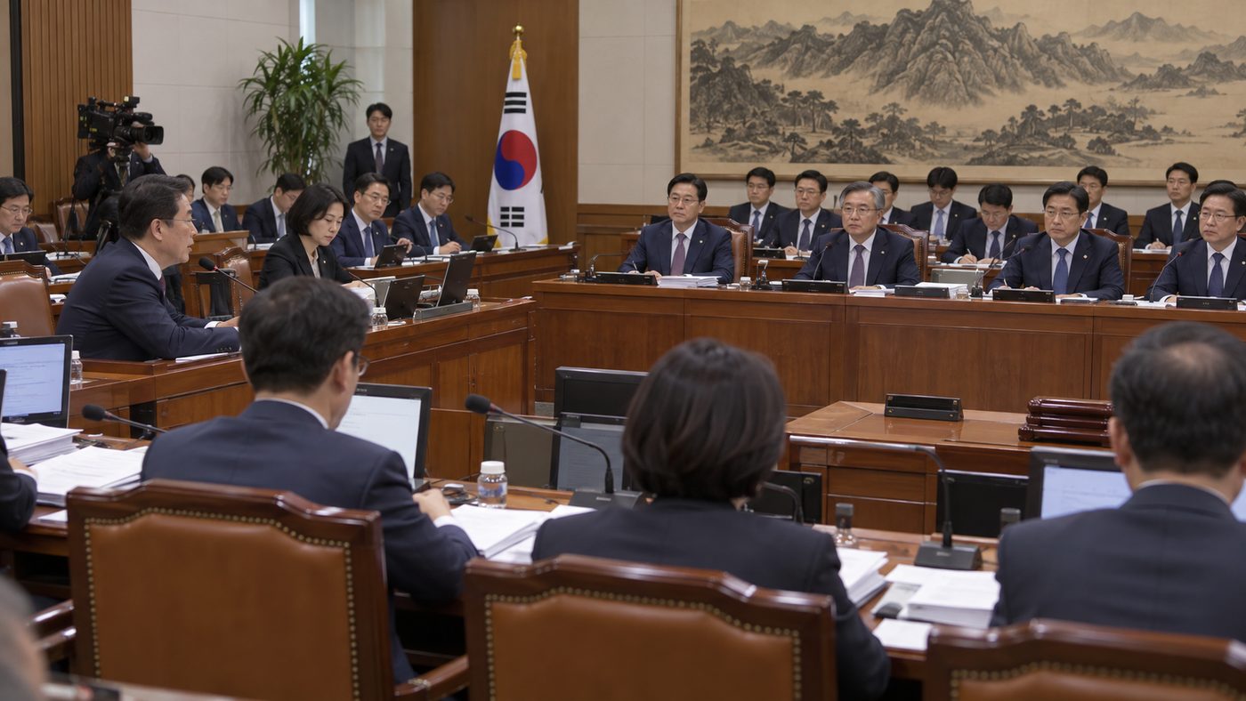 국회 종합감사가 열리는 상임위원회 회의실의 질의 답변 모습