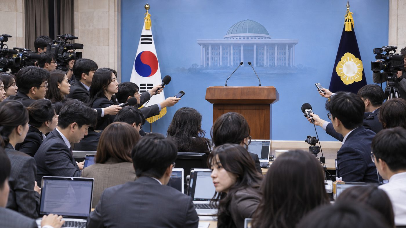국회 기자회견장에서 취재진이 마이크를 든 채 연단을 향한 모습