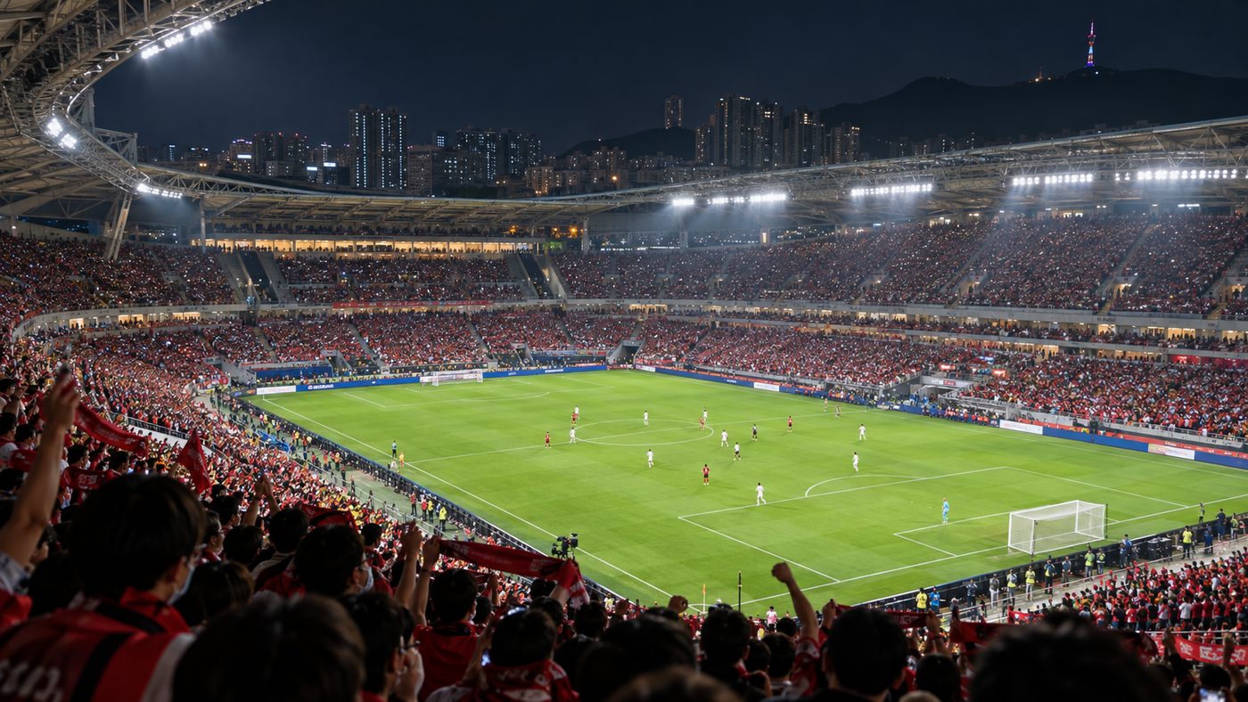 라리가 빅매치가 열리는 밤, 조명이 켜진 축구장과 관중석