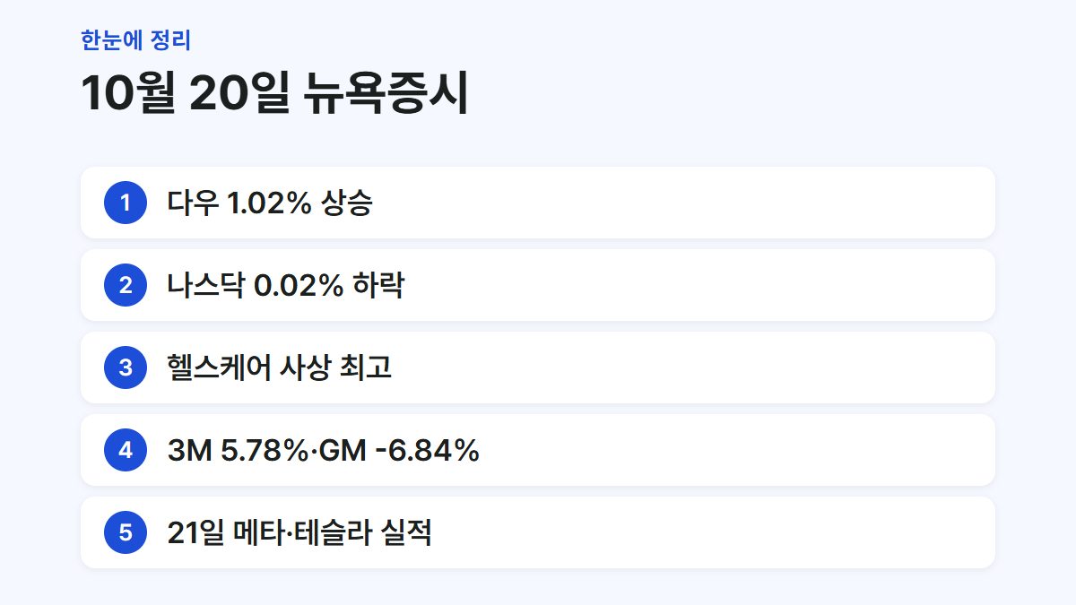 10월 20일 뉴욕증시 혼조 마감 주요 수치를 정리한 요약 카드