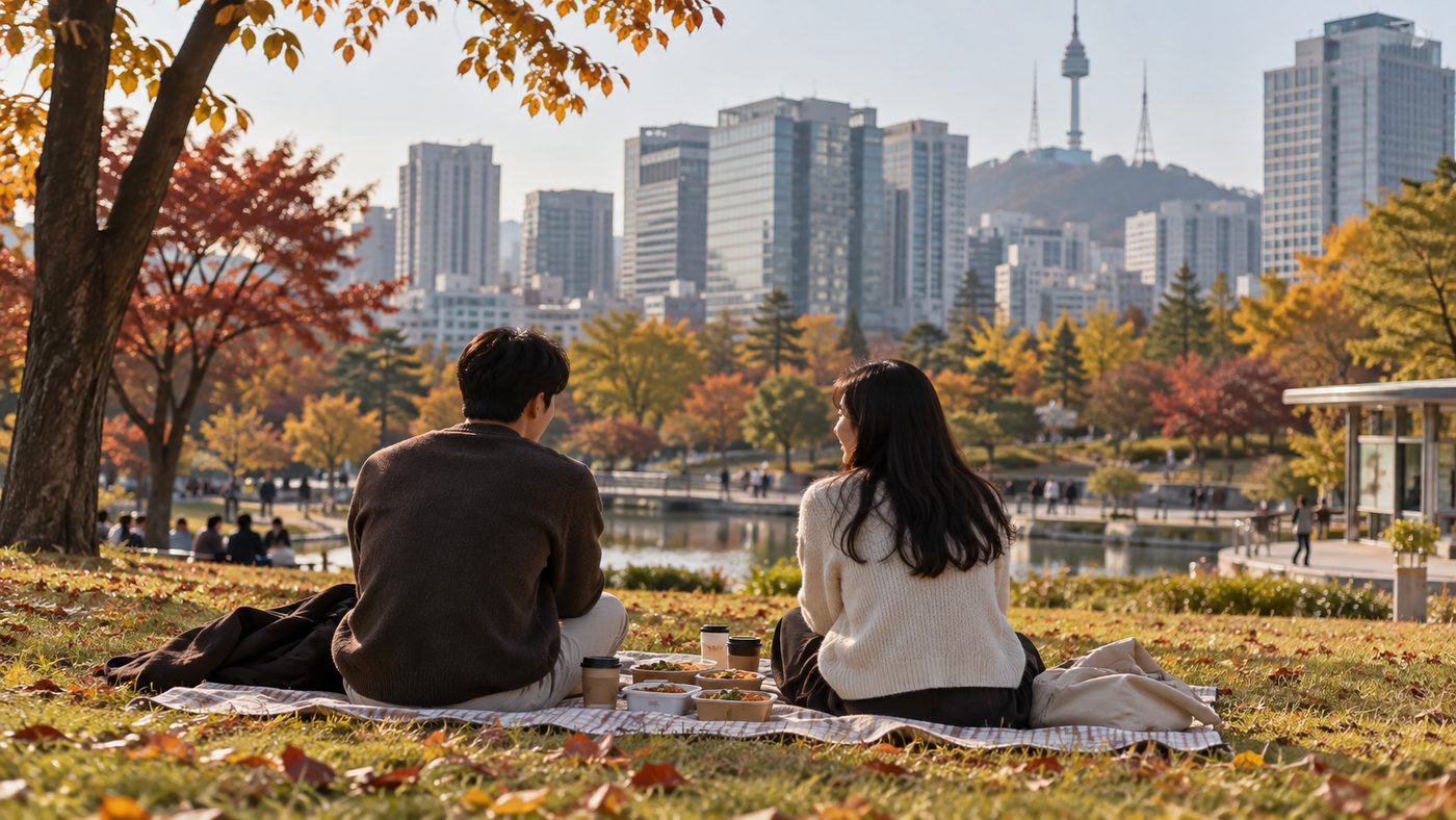 배우 하재영 딸 하주연이 출연한 영상처럼 가을 공원에 차려진 피크닉 자리