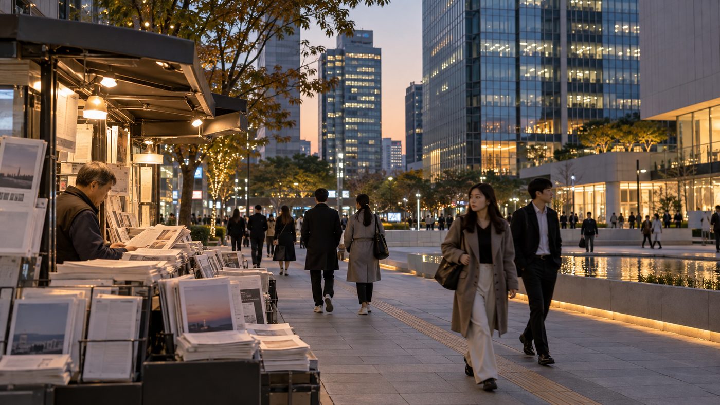 이재명 지지율 하락 소식이 전해진 서울 도심의 저녁 거리 풍경