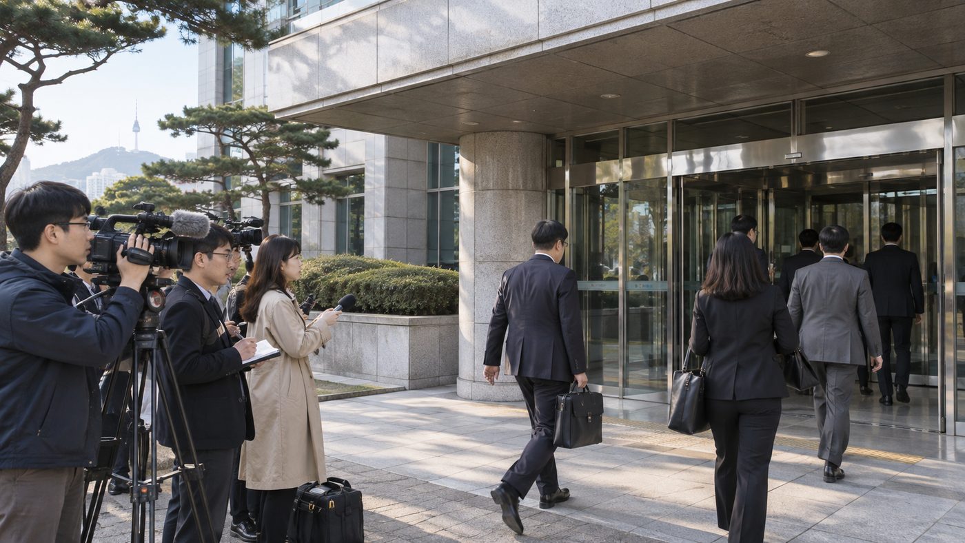 서울 정부 청사 입구로 출근하는 사람들과 취재진의 모습