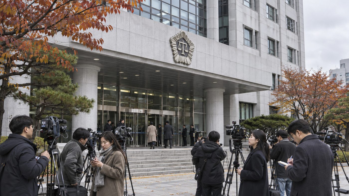 오세훈 무죄 공방 속 항소심 선고를 기다리는 법원 앞 취재진